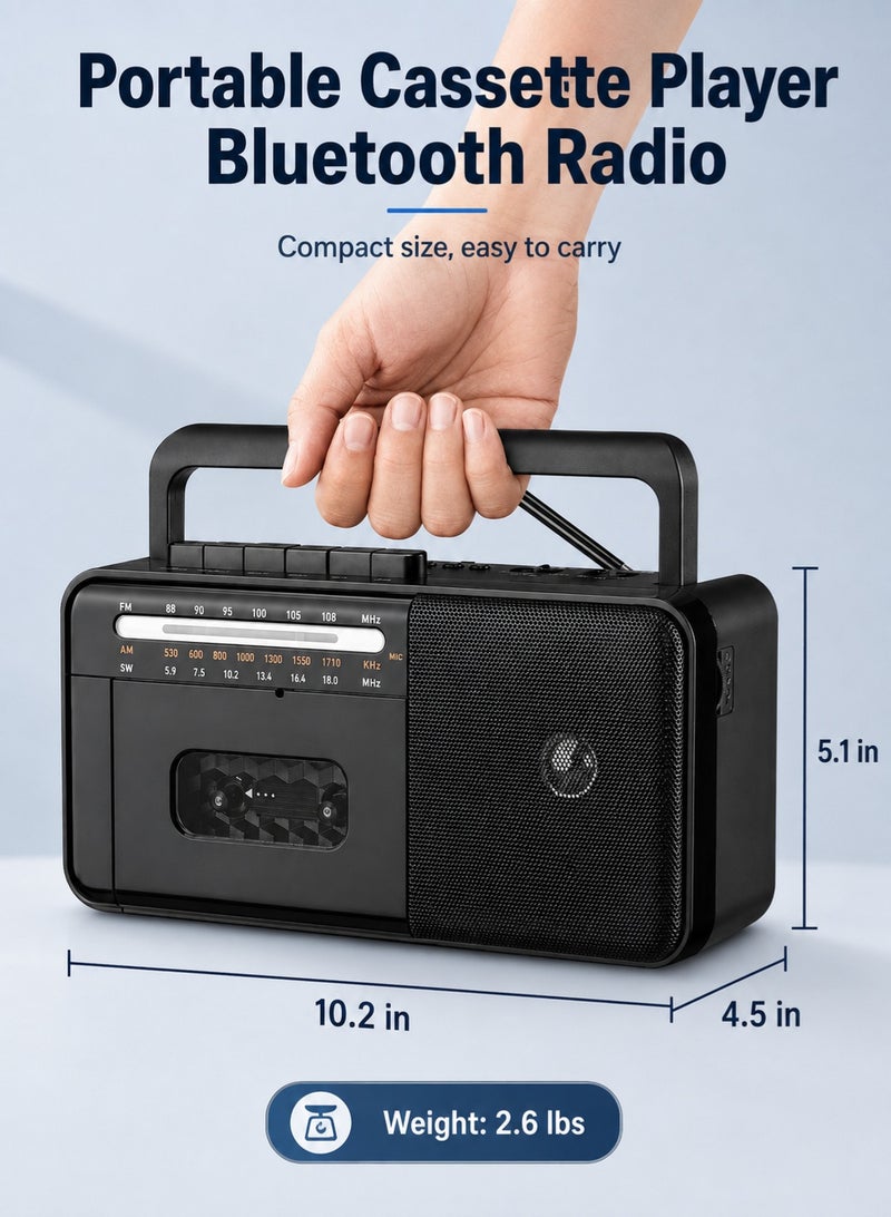 Knstar جهاز راديو بلوتوث مع مشغل كاسيت - محول كاسيت إلى USB/SD، راديو متعدد النطاقات FM/AM/SW مع مكبر صوت عالي الدقة للاستخدام المنزلي/الحديقة/السفر، هدية محمولة تحمل طابع الحنين - Image 3
