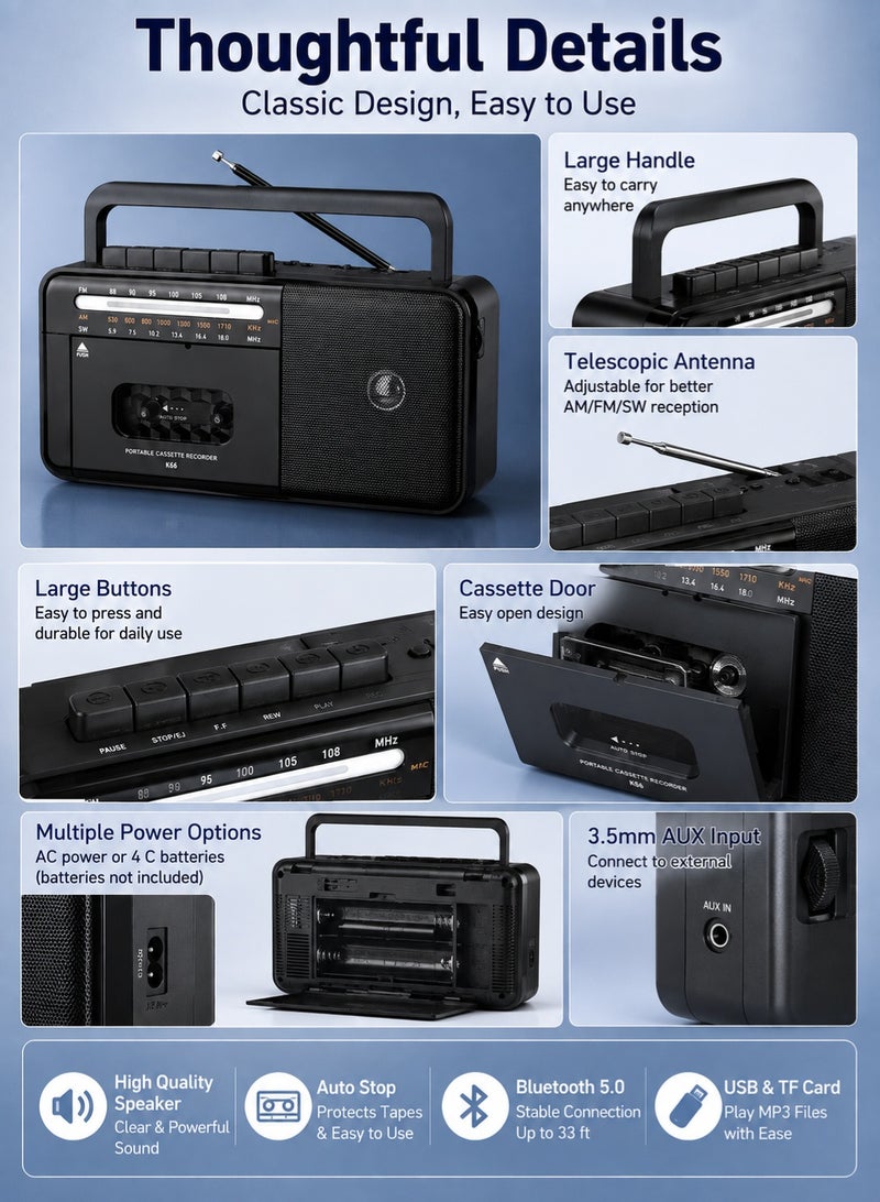Knstar جهاز راديو بلوتوث مع مشغل كاسيت - محول كاسيت إلى USB/SD، راديو متعدد النطاقات FM/AM/SW مع مكبر صوت عالي الدقة للاستخدام المنزلي/الحديقة/السفر، هدية محمولة تحمل طابع الحنين - Image 5