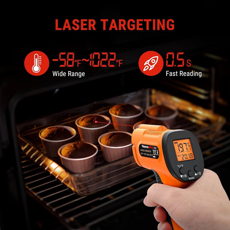 ThermoPro مسدس مقياس الحرارة بالأشعة تحت الحمراء TP30، مقياس حرارة ليزر للطهي، فرن بيتزا، صينية، محرك، HVAC، مسدس حرارة ليزر مع قابلية ضبط الانبعاثية والقياس الأقصى -58°F ~1022°F (غير مخصص للبشر) - Image 3