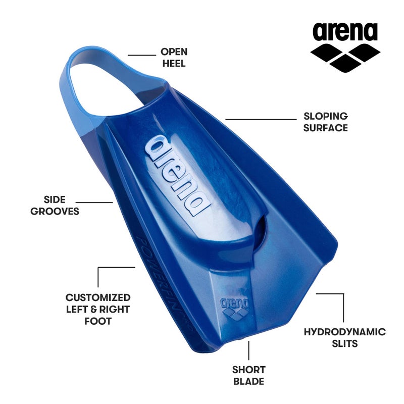 Arena Unisex Adult Powerfin Pro II Swim Training Fins Men and Women Silicone Short Blade Flippers Left/Right Customized, Blue, Size 7.5-9 - Image 2