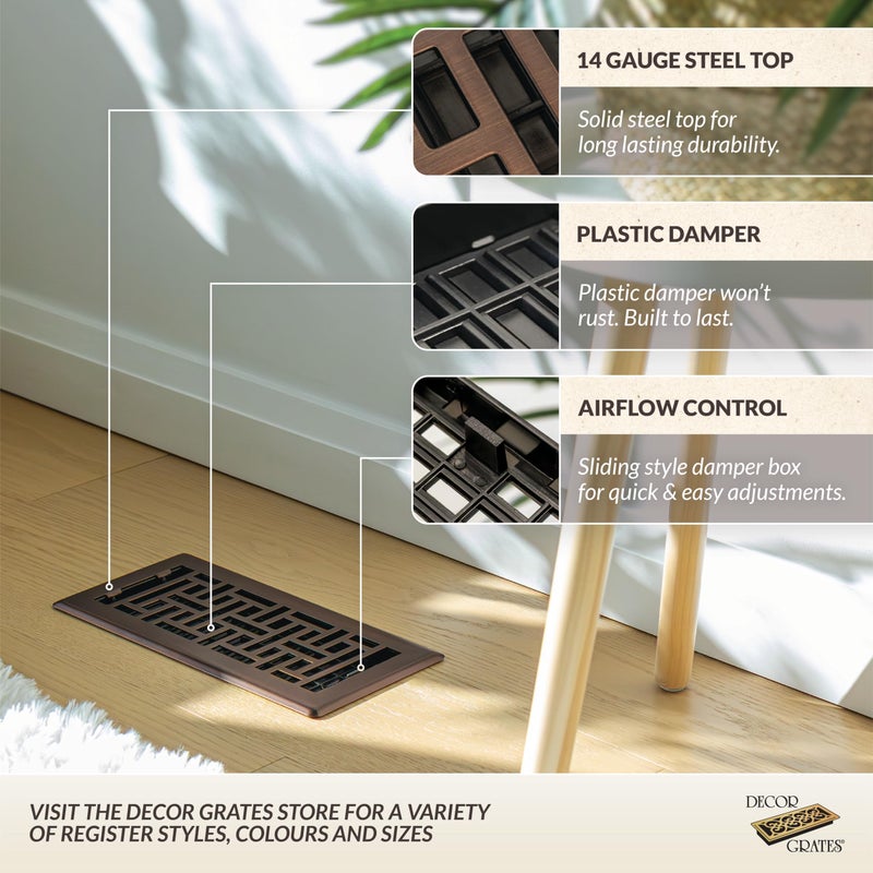 Decor Grates Metal Oriental Decorative Air Vent Cover 4x10 Floor Register â€“ Adjustable Control Lever â€“ AC Floor Vent Covers for Home Floor Vents â€“ Fits 4 x 10 Inch Opening â€“ Rubbed Bronze (AJH410-RB) - Image 2