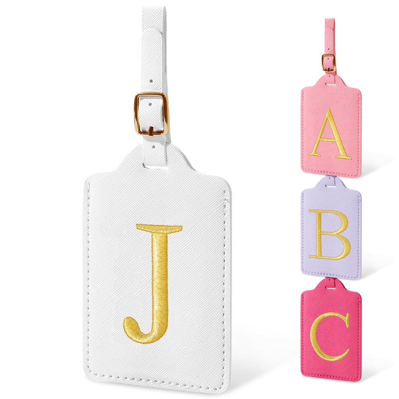Iqimott Personalized Initial Luggage Tags for Suitcases Cute PU Leather Embroidered Letter Travel Luggage Tags Suitcase Identifier Name Baggage Tag Bag Tags for Men Women Kids Luggage HandbagsWhite J - Image 3