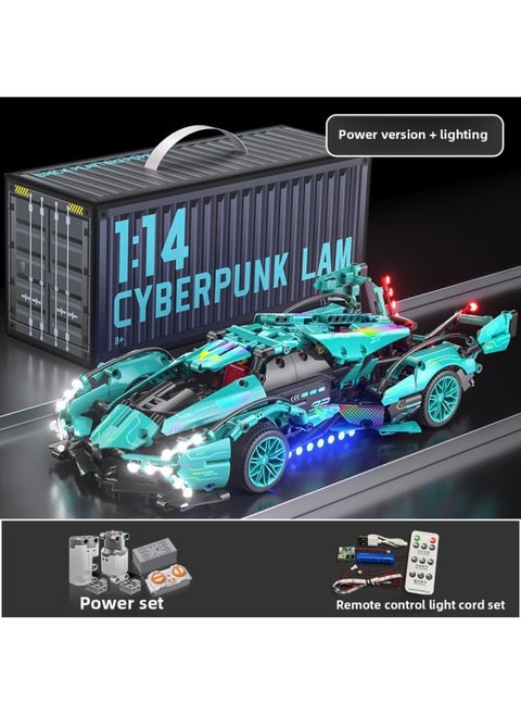 Cyberpunk Lamborgan Green Cow Building Blocks Black Samurai V12 Remote Control Car Boy Assembled Toy Car-Color:Tiffany Blue V12 Dynamic + Lighting