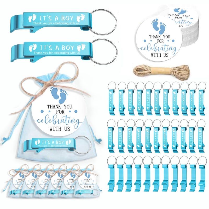 50 Sets Baby Shower Bottle Opener Favors Beer Opener Keychain Thank You Cards Organza Bags and Jute Twine Baby Shower Party Favors for Guest BOY