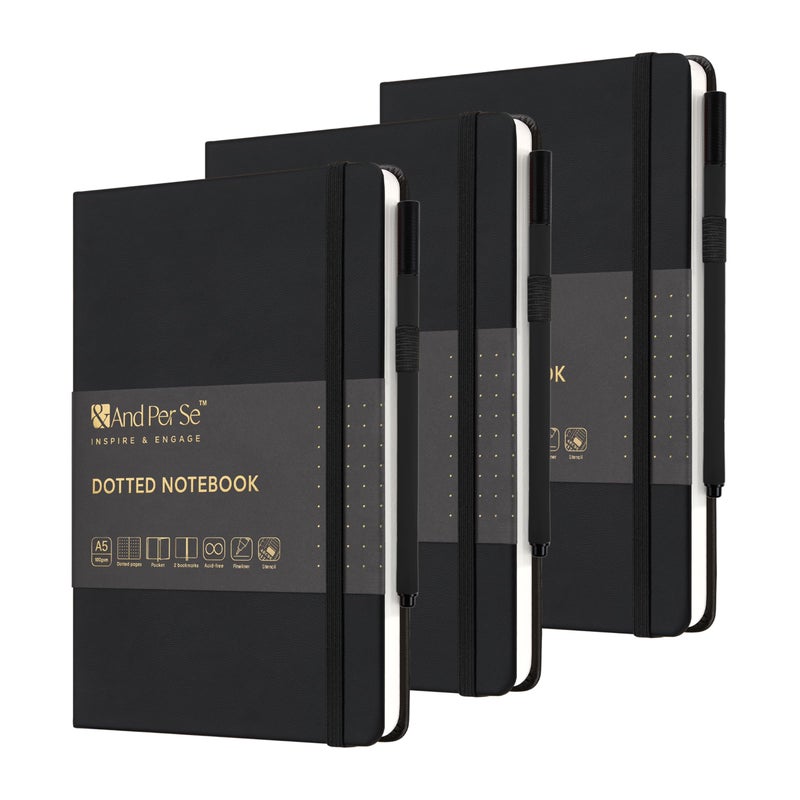 &And Per Se ⩓ Per Se Dotted Journal Notebook Set (3 Packs), A5 Hardcover Dotted Notebook, 176 Numbered Pages Bullet Journaling Kit, 2 Stencil Sheets and 1 Fineliner Pen Included (Black) - Image 1