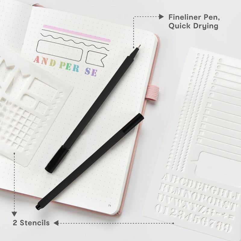 &And Per Se ⩓ Per Se Dotted Journal Notebook Set (3 Packs), A5 Hardcover Dotted Notebook, 176 Numbered Pages Bullet Journaling Kit, 2 Stencil Sheets and 1 Fineliner Pen Included (Black) - Image 2