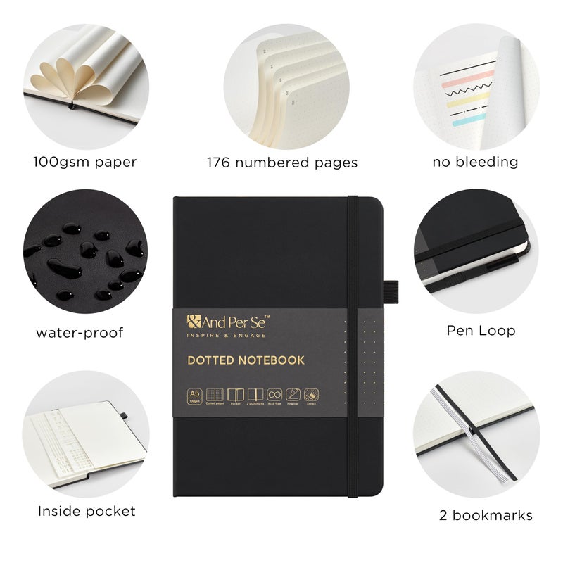 &And Per Se ⩓ Per Se Dotted Journal Notebook Set (3 Packs), A5 Hardcover Dotted Notebook, 176 Numbered Pages Bullet Journaling Kit, 2 Stencil Sheets and 1 Fineliner Pen Included (Black) - Image 3