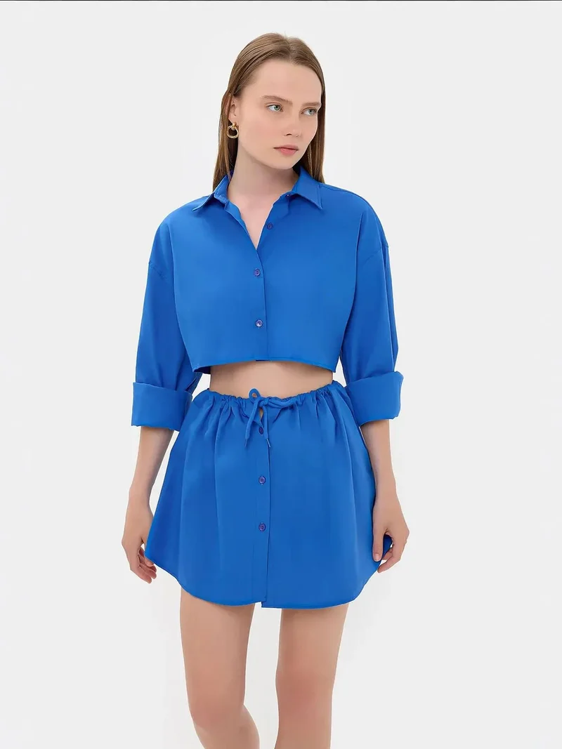 Hiccup Blue Loose Sleeves Oversized Crop Shirt for Women | Best Price UAE
