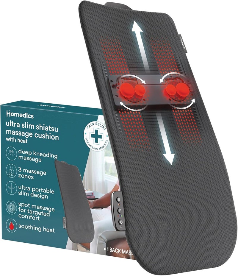 HoMedics وسادة تدليك شياتسو فائق النحافة من هوميدكس مع حرارة تغطي الظهر بالكامل تدليك عميق تحكم في 3 مناطق علوي وسفلي وكامل حرارة مهدئة تصميم نحيف محمول يناسب معظم الكراسي - Image 1