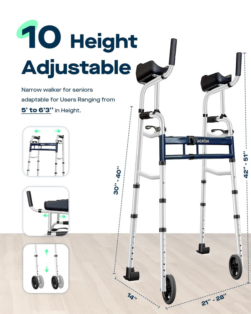 Agrish Narrow Walker Folding Upright Walker - with Removable Armrests, 450LBS Heavy Duty, Width & Height Adjustable Narrow Walkers for Seniors, Disabled, Bariatric - Image 4