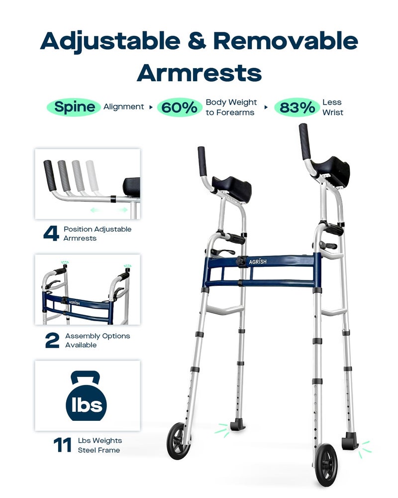 Agrish Narrow Walker Folding Upright Walker - with Removable Armrests, 450LBS Heavy Duty, Width & Height Adjustable Narrow Walkers for Seniors, Disabled, Bariatric - Image 2