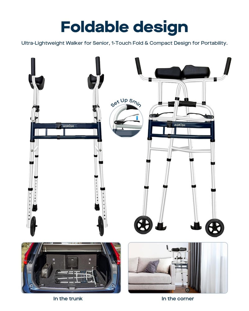 Agrish Narrow Walker Folding Upright Walker - with Removable Armrests, 450LBS Heavy Duty, Width & Height Adjustable Narrow Walkers for Seniors, Disabled, Bariatric - Image 5