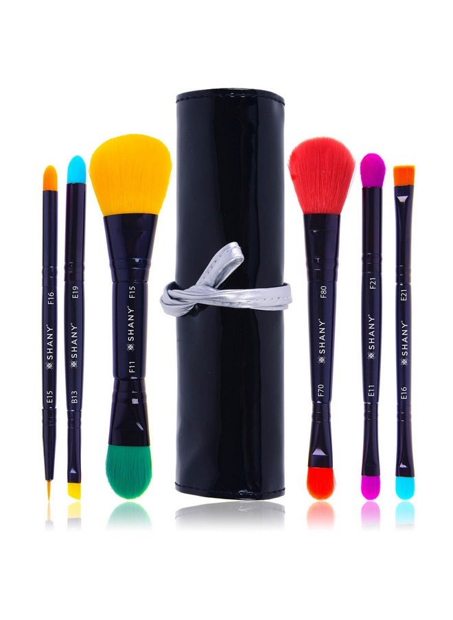 Shany SHANY Vegan Makeup Brushes - LUNA - 6 PC Double Sided Travel Make up Brushes with 12 unique Bristles - with Brush storage Pouch - Synthetic  - Image 1