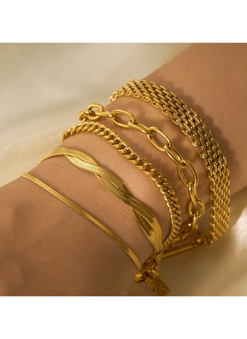 Generic 5 Pcs Elegant 18K Gold Plated Chain Bracelet Set, Snake Bracelet and Double Cuban Link Set - Ideal Gift for Women  - Image 1