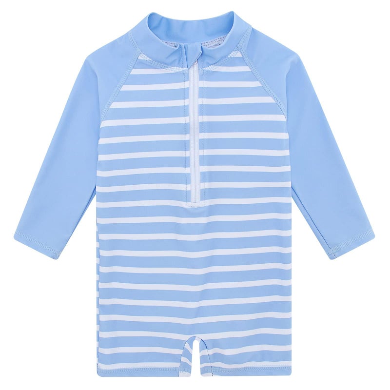 uideazone Baby Boys Swimsuit Rashguard Swimwear Blue Striped Long Sleeve One-Piece Beach Sunsuit 18-24 Months - Image 1