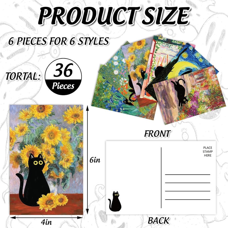 Whaline 36 Pcs Art Print Postcards Famous Painting with Black Cat Post Cards Assortment 6 Designs Greeting Cards for Birthday Baby Shower Party Favors Supplies, 4 x 6 Inch - Image 2