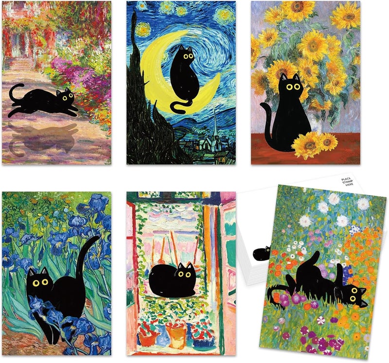 Whaline 36 Pcs Art Print Postcards Famous Painting with Black Cat Post Cards Assortment 6 Designs Greeting Cards for Birthday Baby Shower Party Favors Supplies, 4 x 6 Inch - Image 1