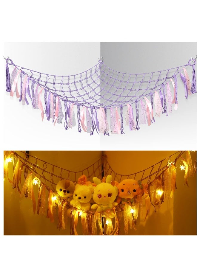 Stuffed Animal Net or Hammock with LED Light, Toy Hammock Hanging Stuffed Animal Storage Organizer Holder Room Décor with Tassels for Nursery Play Room Kids Bedroom - Image 1