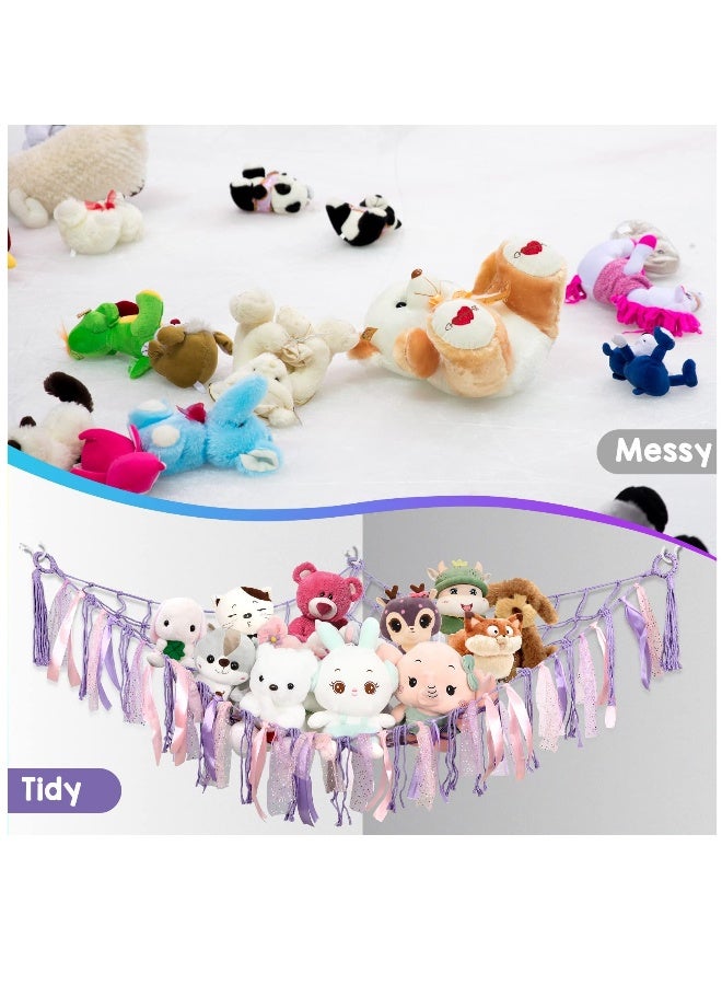 Stuffed Animal Net or Hammock with LED Light, Toy Hammock Hanging Stuffed Animal Storage Organizer Holder Room Décor with Tassels for Nursery Play Room Kids Bedroom - Image 2