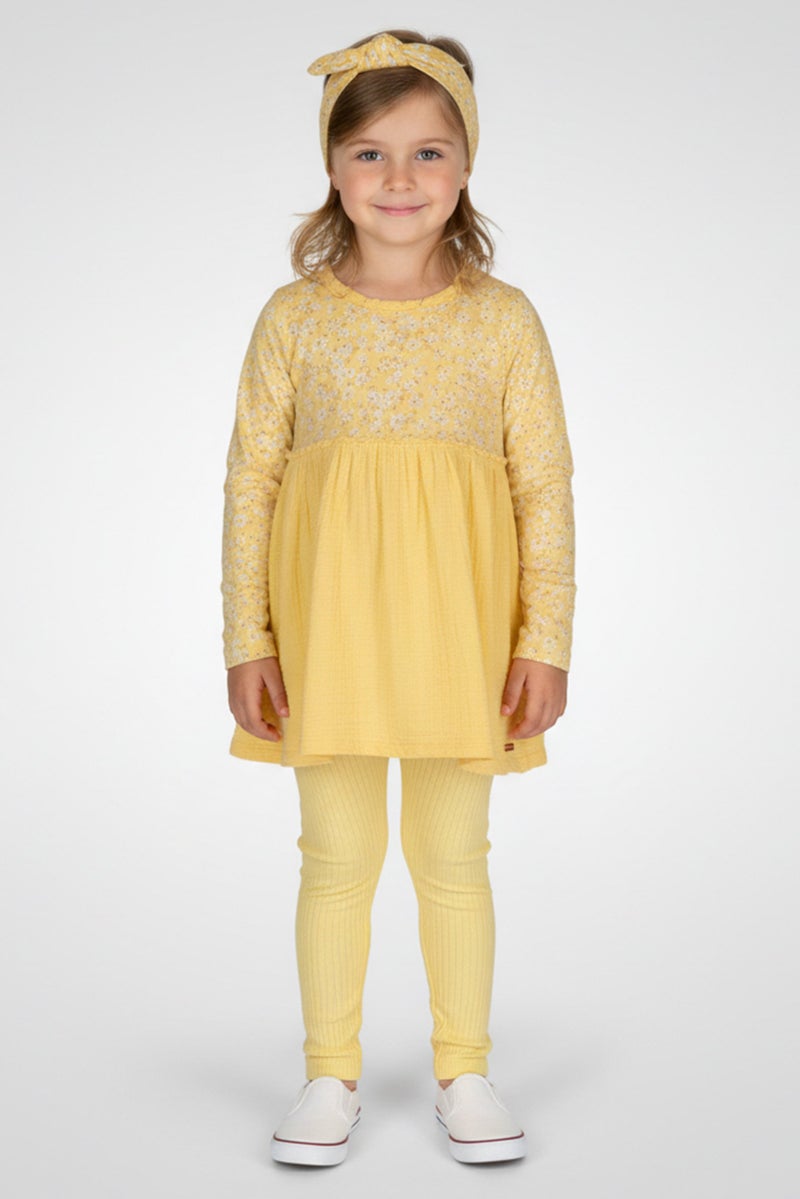 Kensie Toddlers Girl 3 Pieces Floral Print Dress And Leggings Set With Headband, Yellow - Image 1