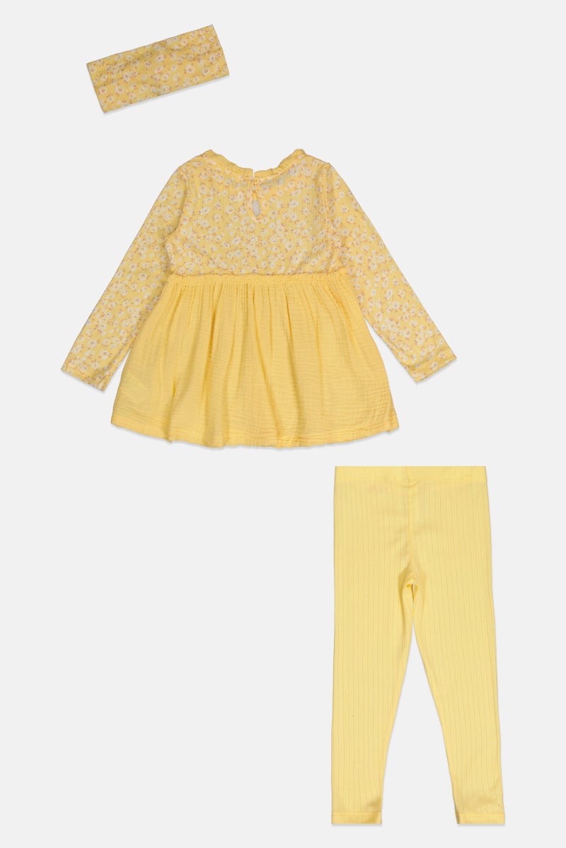 Kensie Toddlers Girl 3 Pieces Floral Print Dress And Leggings Set With Headband, Yellow - Image 2