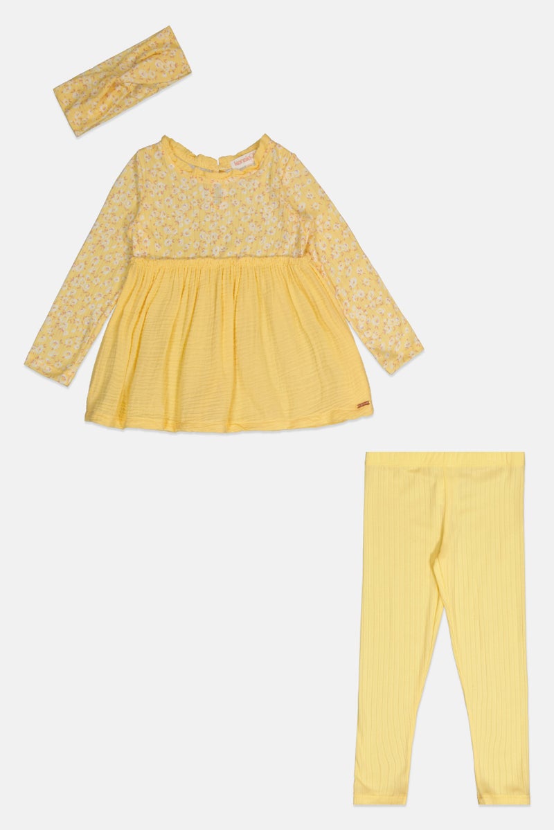 Kensie Toddlers Girl 3 Pieces Floral Print Dress And Leggings Set With Headband, Yellow - Image 3
