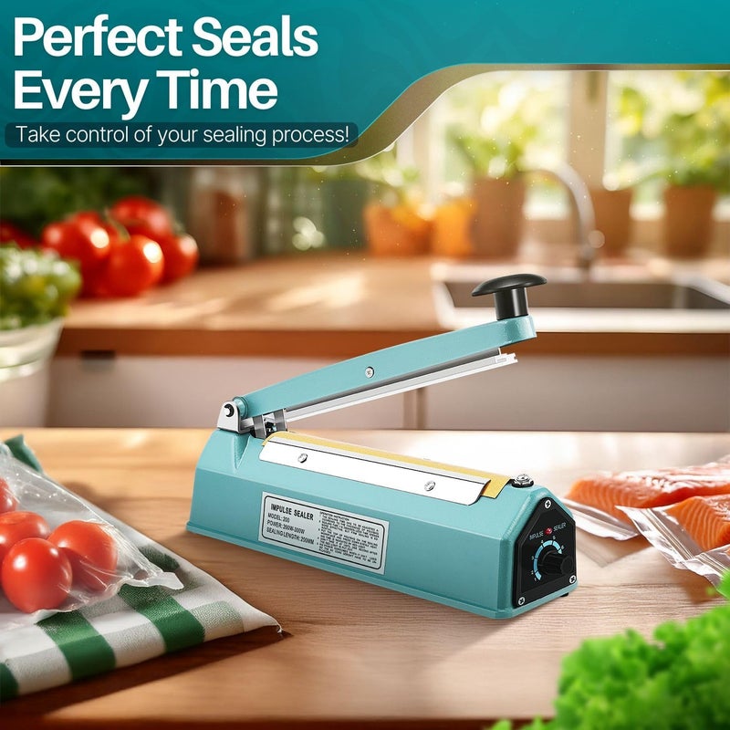 Flexzion Impulse Sealer 8 Inch (200mm) 300W Heat Sealer Machine with Adjustable Heating Mode, No Warm Up Needed, Portable Bag and Seal Impulse with Replacement Element Grip and Teflon Tape - Image 2