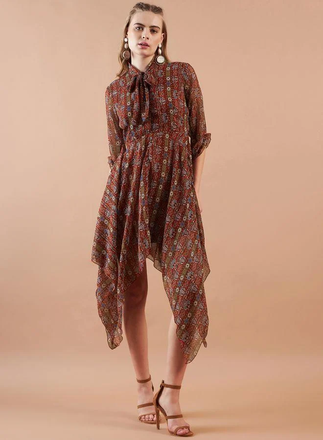 Women Fit and Flared Casual Indie Print Handkerchief Dress