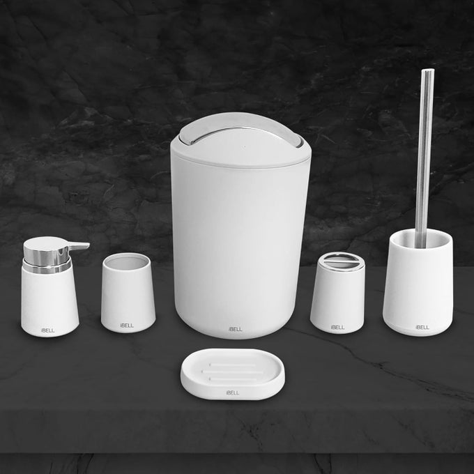 6-PIECE PLASTIC BATHROOM ACCESSORIES SET  INCLUDES TOOTHBRUSH HOLDER, TOOTHBRUSH CUP, SOAP DISPENSER, SOAP DISH, TOILET BRUSH HOLDER, AND TRASH CAN, WHITE