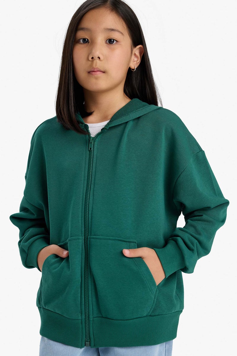 DeFacto Green Girl Girl Basic Pocket Zip-Up Hoodie Casual - Image 1