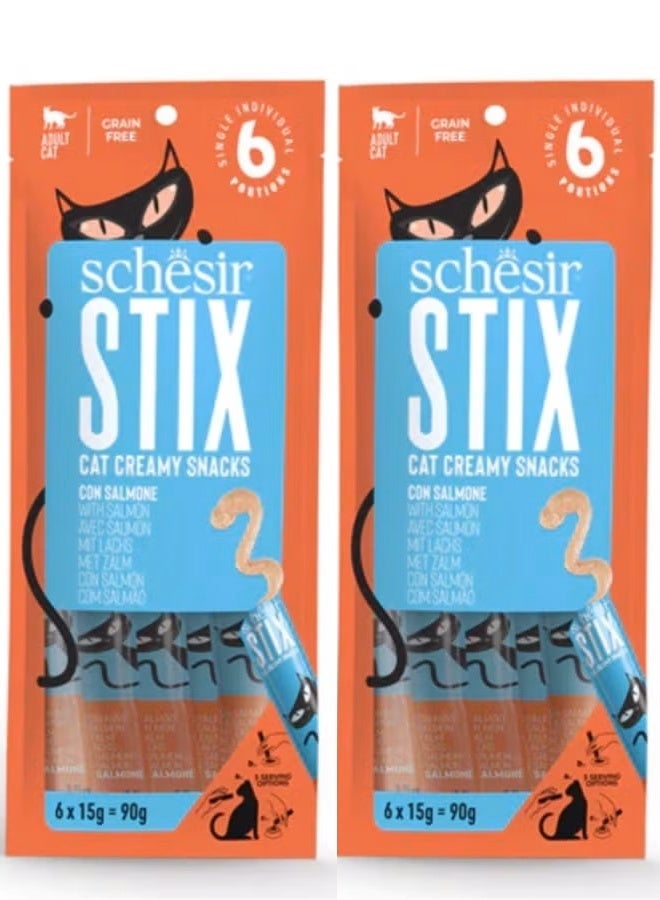 Schesir Stix Cat Creamy Snacks with Salmon - 2 packs, every pack 6 Snacks sticks - Image 1