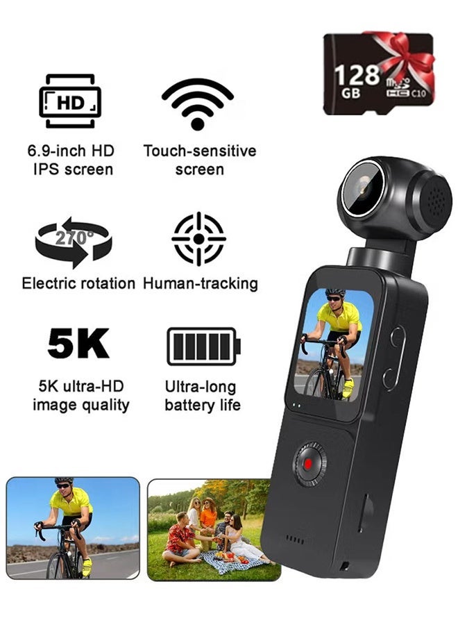 1.69" 4K/5K Ultra WIFI Touch Screen Pocket Action Camera, with 128G TF Card,  270° Vlog Mini Sports Cam Helmet Travel Bicycle Driver Recorder - Image 1