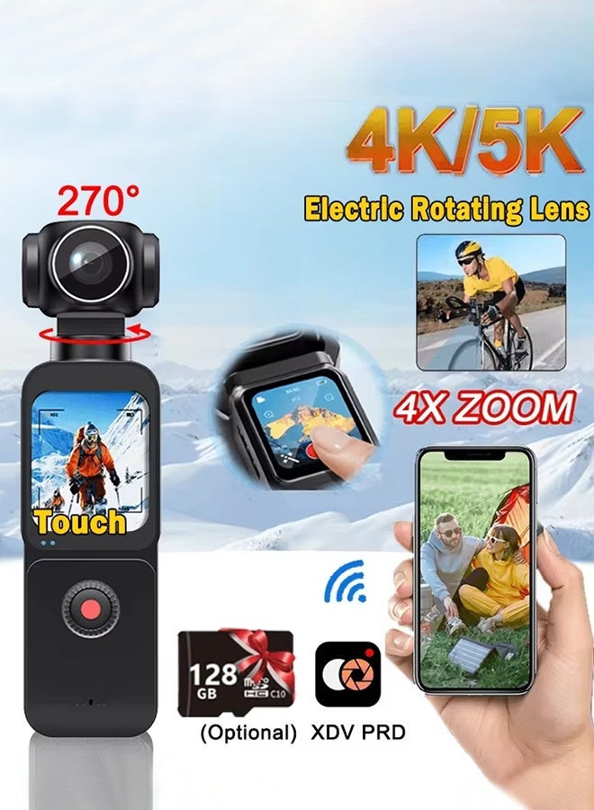 1.69" 4K/5K Ultra WIFI Touch Screen Pocket Action Camera, with 128G TF Card,  270° Vlog Mini Sports Cam Helmet Travel Bicycle Driver Recorder - Image 2