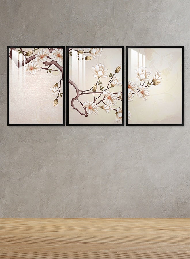 اربع جدران  ثلاث لوحات جدارية خشبية بتصميم ورود مقاس (120x60) سم مع برواز خشبي و طبقة اكريلك شفاف - Image 2