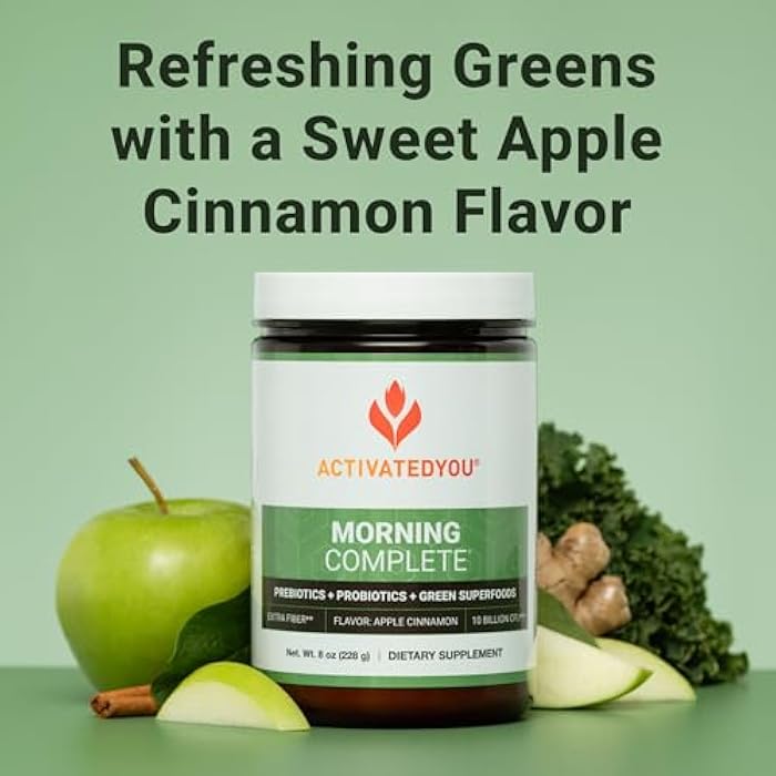 ACTIVATEDYOU Morning Complete Daily Wellness Greens Superfood Drink Mix for Gut Health w/Prebiotics, Probiotics, Antioxidants, Green Superfoods, 10 Billion CFUs, 30 Servings (Apple Cinnamon) - Image 2