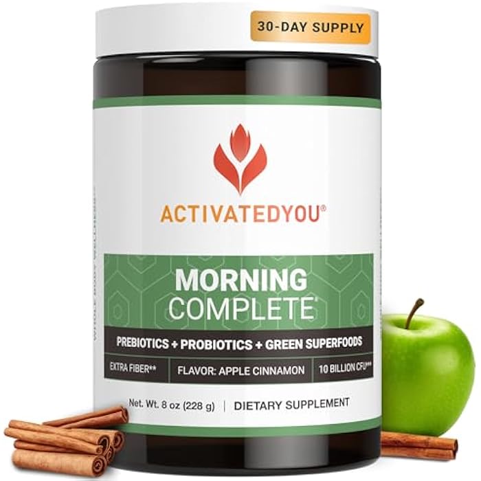 ACTIVATEDYOU Morning Complete Daily Wellness Greens Superfood Drink Mix for Gut Health w/Prebiotics, Probiotics, Antioxidants, Green Superfoods, 10 Billion CFUs, 30 Servings (Apple Cinnamon) - Image 1