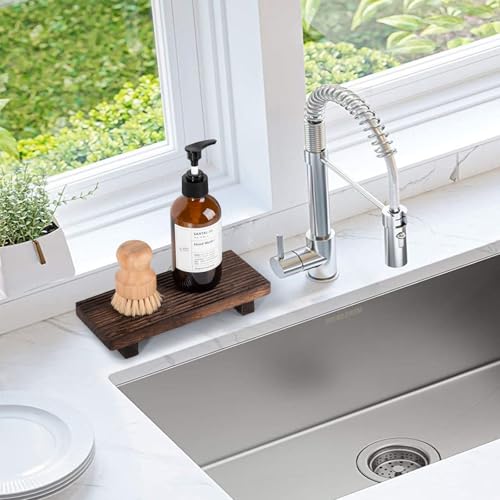 zoocatia Bathroom Tray Farmhouse Decor Pedestal Stand Wood Riser Display Kitchen Accessories Soap Holder for Sink, Counter, Vanity, 8.7 * 3.6 Dark Brown - Image 4