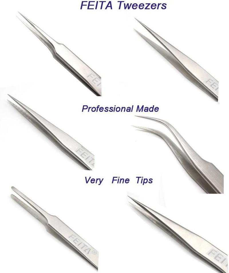 FEITA Professional Tweezer Set FEITA Precision Tweezers with Travel Case Stainless Steel Tweezers for Plucking Watchmakers Jewelry Electronic Craft Silver 7Pcs - Image 2