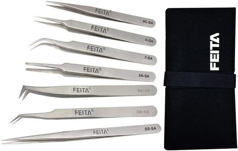 FEITA Professional Tweezer Set FEITA Precision Tweezers with Travel Case Stainless Steel Tweezers for Plucking Watchmakers Jewelry Electronic Craft Silver 7Pcs - Image 1