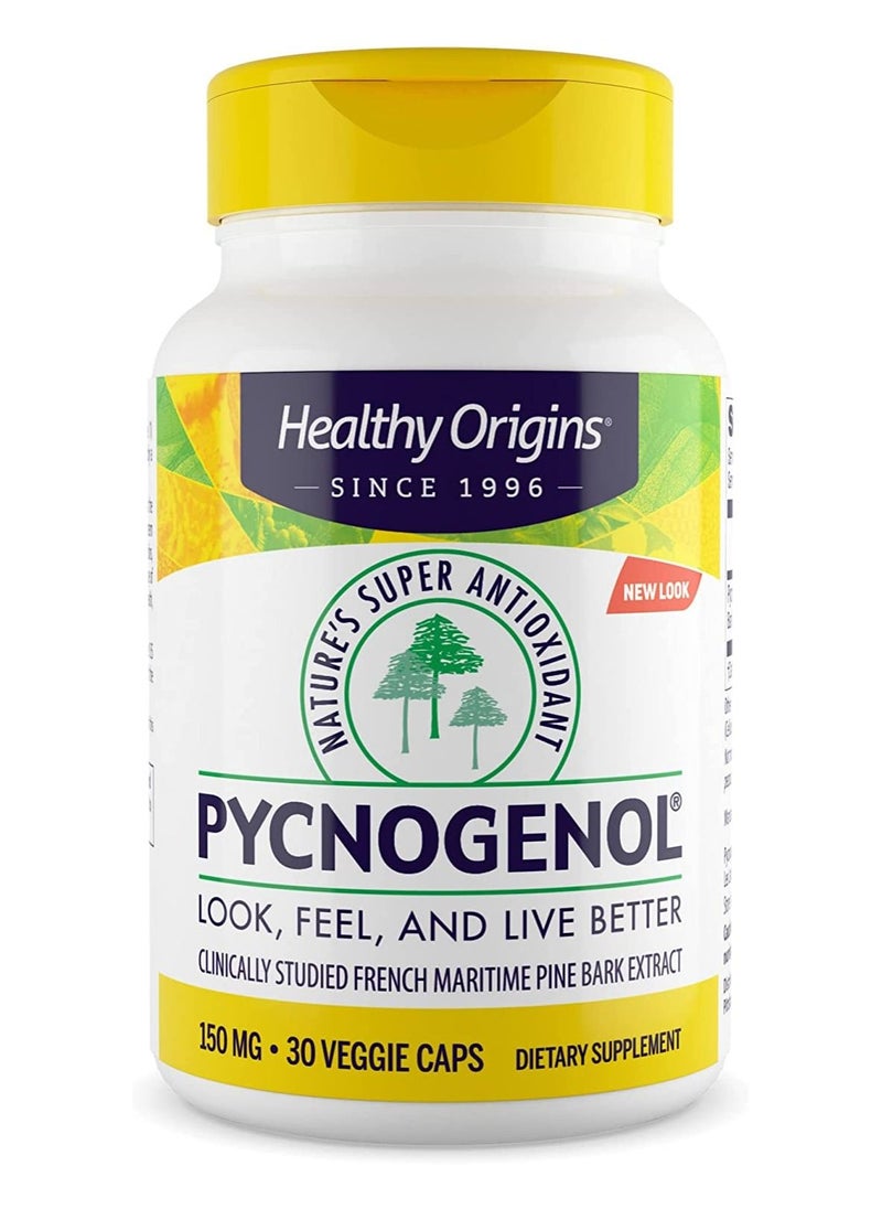 Healthy Origins Pycnogenol - NATURES SUPER ANTIOXIDANT- LOOK, FEEL, AND LIVE BETTER CLINICALLY STUDIED FRENCH MARITIME PINE BARK EXTRACT. 150 MG - 30 VEGGIE CAPS / DIETARY SUPPLEMENT.  - Image 1