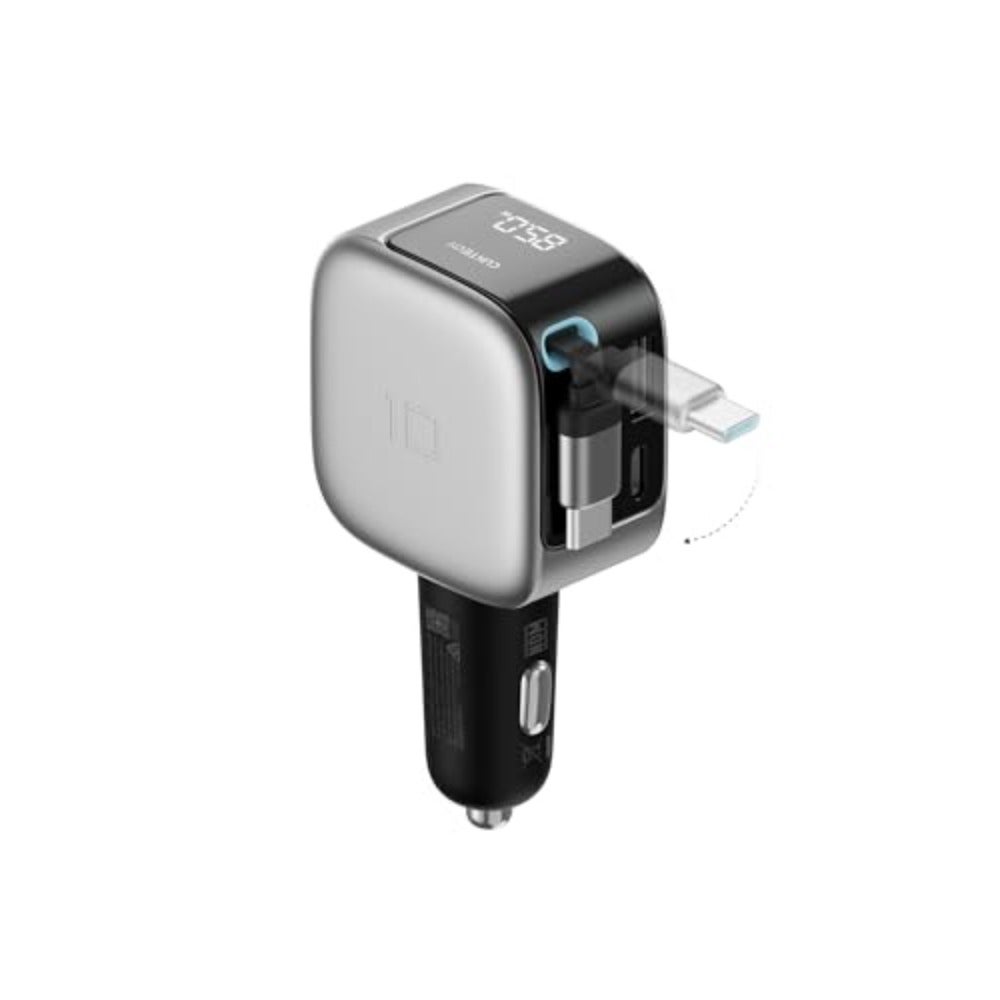 85W Car Charger With Built-In Retractable Cable 3-Port GaN Adapter For Fast Charging USB-C USB-A