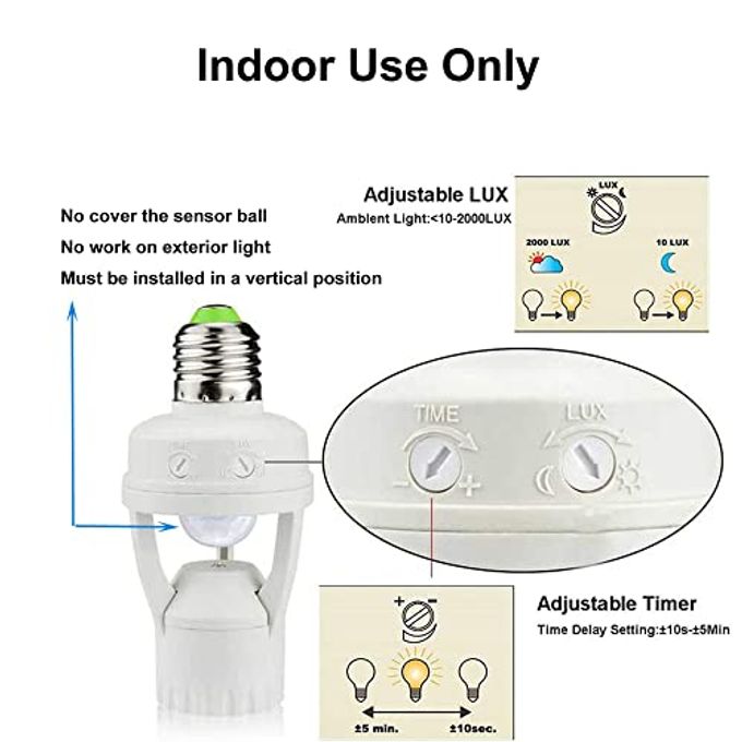 LPHUMEX 2pcs Motion Activated Light Sockets, E26/E27 Screw in Add on/Off Motion Sensor Sockets for Existing Lights, Dusk and Dawn Auto Motion Sensor Light Sockets Indoor for Porch Garage Basement - Image 3