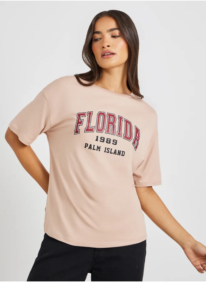 Styli Slogan Print Round Neck T-Shirt