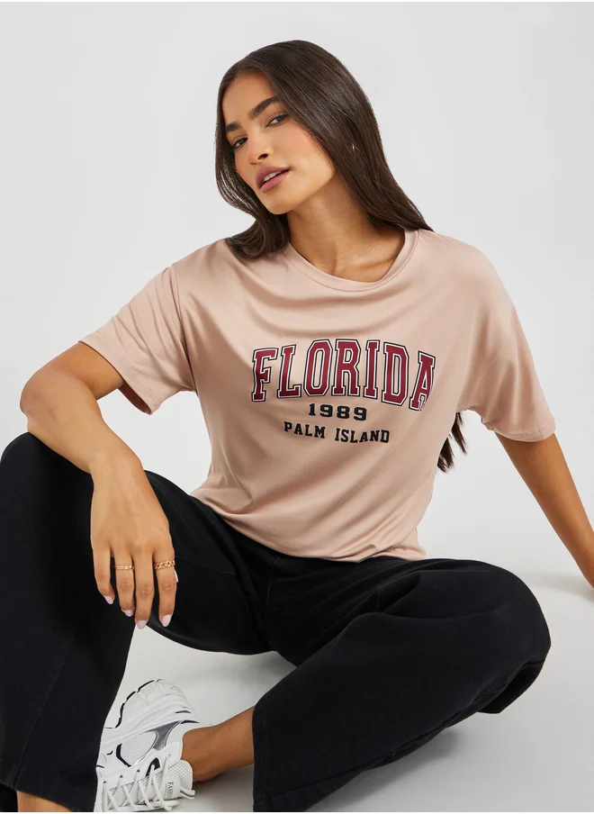 Styli Slogan Print Round Neck T-Shirt