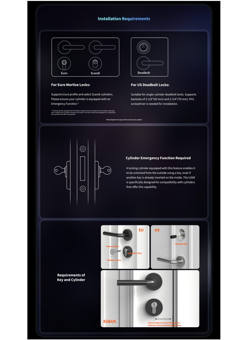 Smart Door Lock U200, Matter over Thread, Keyless Entry Door Lock with Apple Home Key and Rechargeable Battery,Supports Apple Home, Alexa and SmartThings, Black