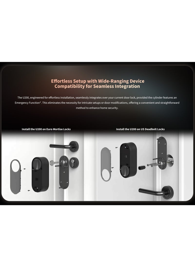 Smart Door Lock U200, Matter over Thread, Keyless Entry Door Lock with Apple Home Key and Rechargeable Battery,Supports Apple Home, Alexa and SmartThings, Black
