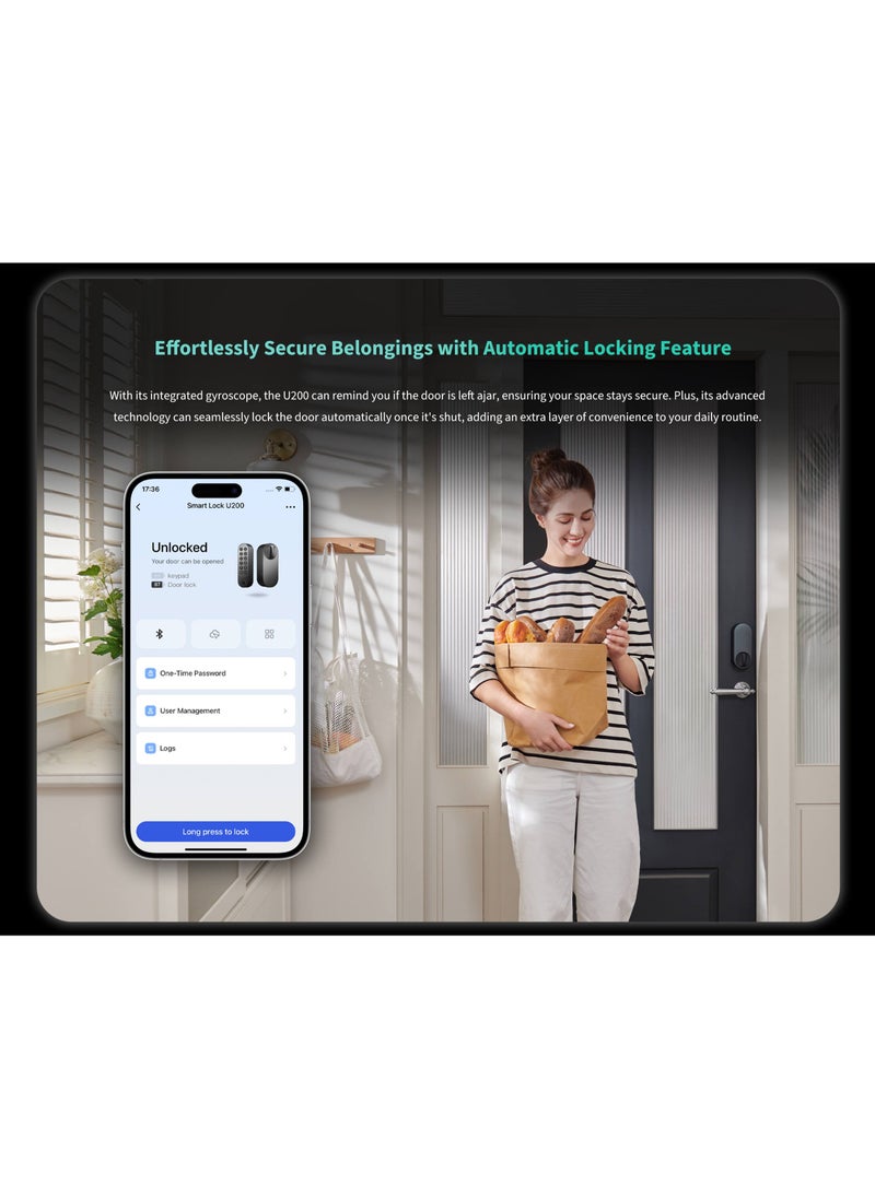 Smart Door Lock U200, Matter over Thread, Keyless Entry Door Lock with Apple Home Key and Rechargeable Battery,Supports Apple Home, Alexa and SmartThings, Black