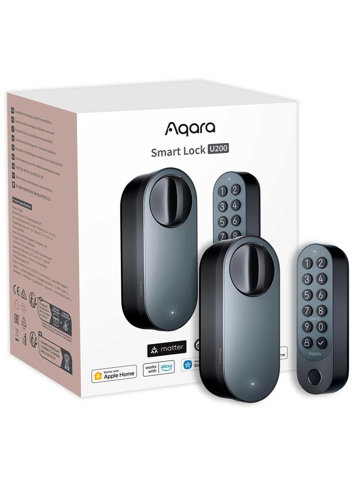 Aqara Smart Door Lock U200, Matter over Thread, Keyless Entry Door Lock with Apple Home Key and Rechargeable Battery,Supports Apple Home, Alexa and SmartThings, Black 