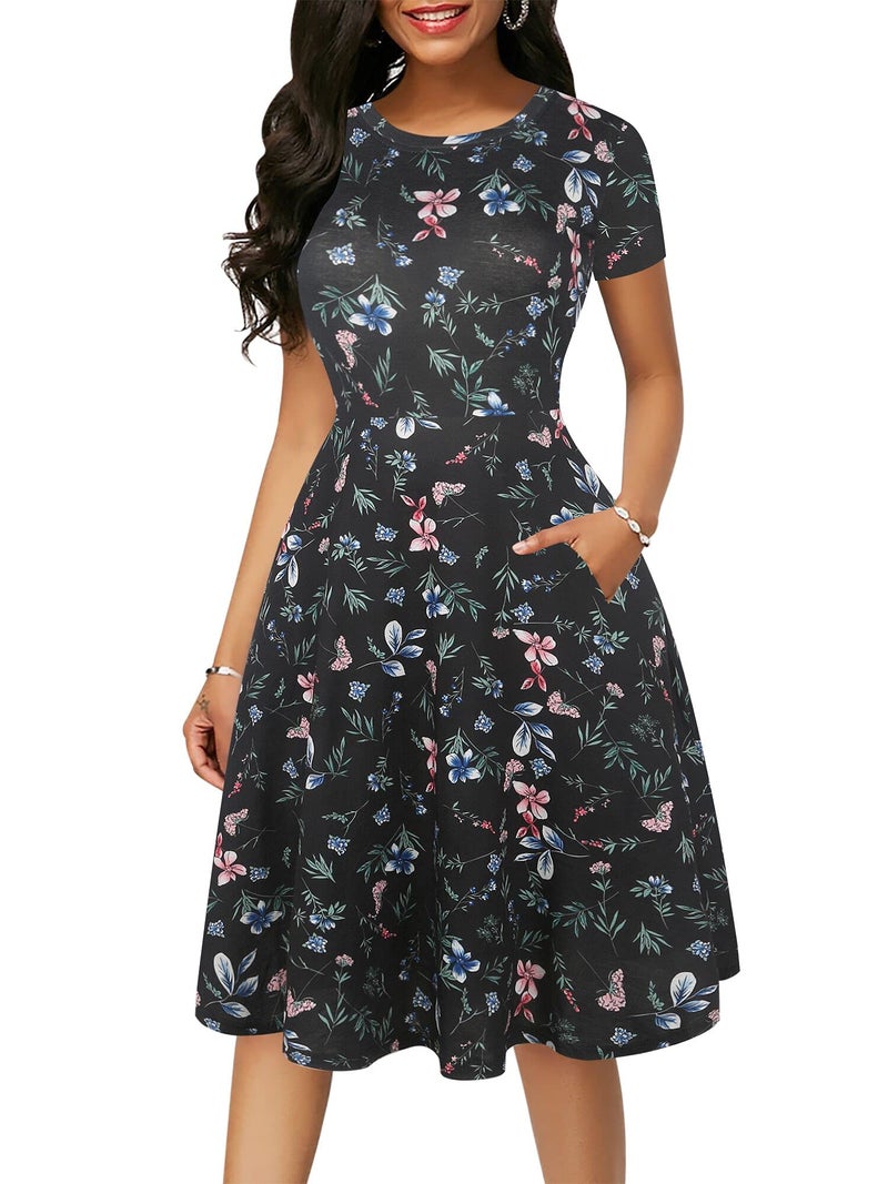 oxiuly Womens Short Sleeve Round Neck Floral Flare Cotton Party Cocktail Swing Dress OX262 XL Black Floral