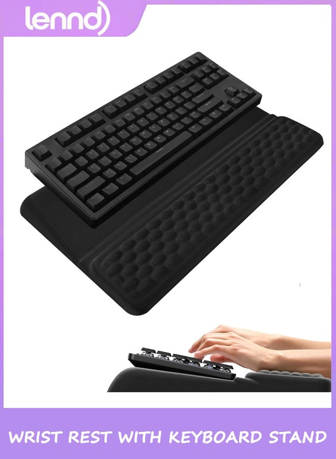 LENND Wrist Rest with Keyboard Stand, Computer Wrist Support Pad, Ergonomic Keyboard Riser Holder Lifter Tray with Wrist Pad, Soft Memory Foam Desk Cushion, Palm Hand Typing for Office Home School - Image 1